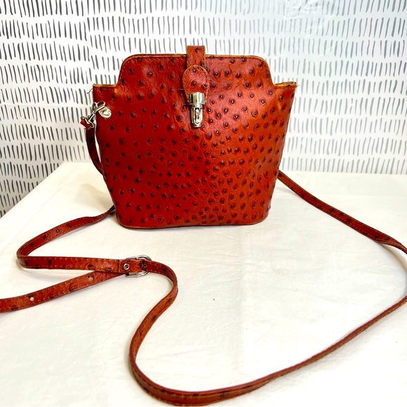 Vintage Handbags - Small red burnt orange exotic ostrich leather crossbody bag purse